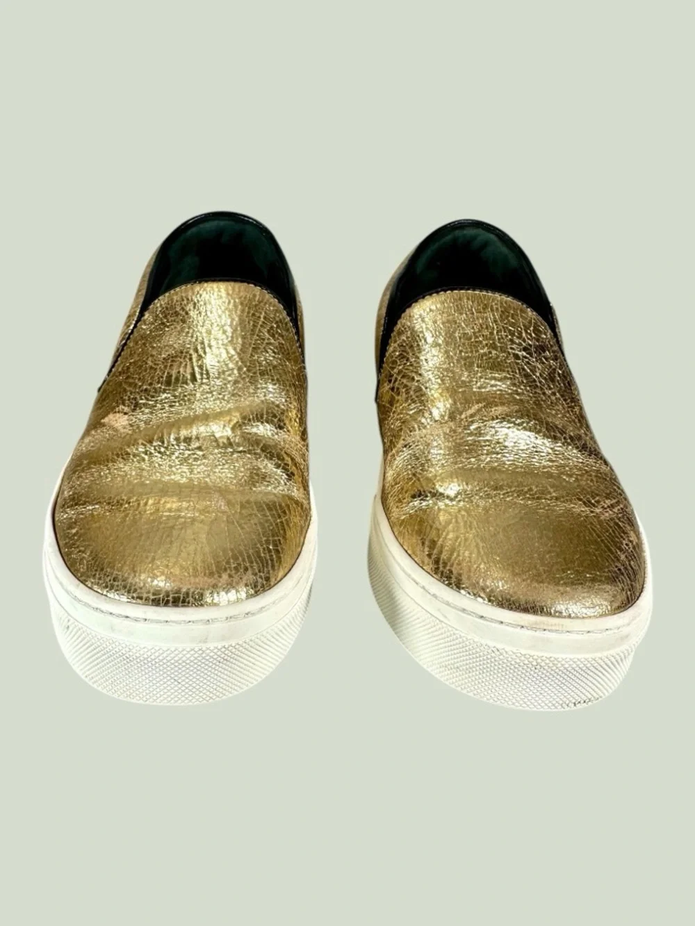 Celine Women’s Phoebe Philo Gold Metallic Crackle Leather Slip-On Sneakers - Picture 2 of 10
